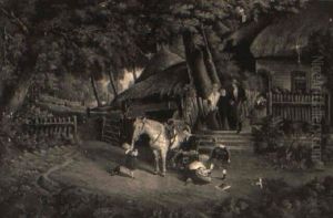 A Family Outside A Cottage Preparing For The Departure by Gustav Reinhold