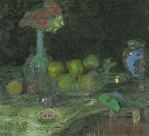 Stilleben Mit Nelken In Einer Glasvase, Fruchten In Einer Schussel, Teedose, Messingschale Und Buch by Rene Reinicke