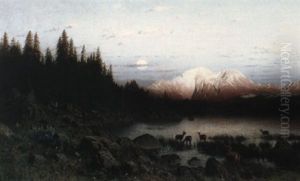 Waldsee Mit Rotwild Vor Gebirgsmassiv by Ernst Otto Reiniger