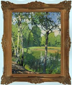 Birken Am Sommerlichen Weiher (+ Landschaft (study), Verso) by Otto Reiniger