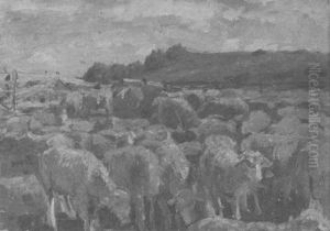 Schafherde Vor Einem Weidegatter by Otto Reiniger