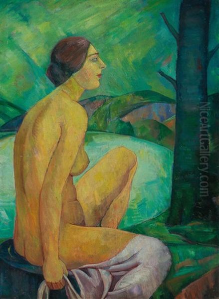Sitting Female Nude In Landscape - view 1