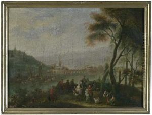 Flusslandschaft Mit Einer Falkenjagdgesellschaft Flusslandschaft Mit Einer Falkenjagdgesellschaft