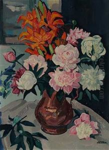 Stillleben Mit Pfingstrosen Und Lilien by Carl Reiser