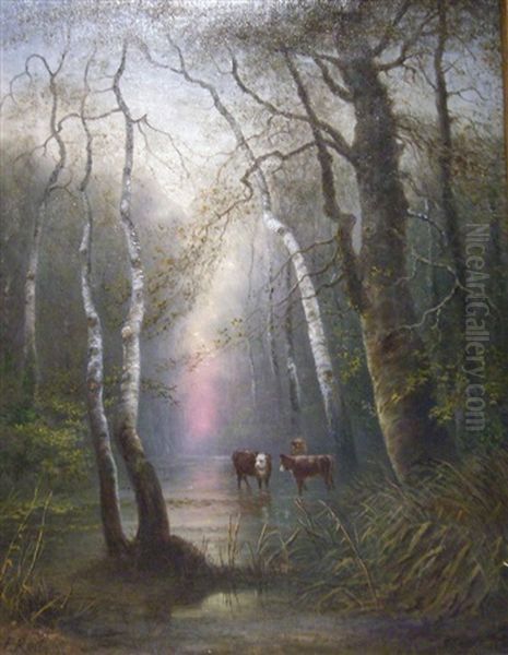 Waldlandschaft Mit Kuhen An Einem Bach - view 1