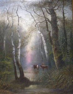 Waldlandschaft Mit Kuhen An Einem Bach