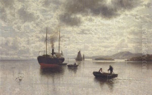 Marine Med Dampskib Og Robade Ud For Klippekyst - view 1