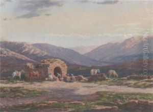 Arabs Resting Their Horses In The Foothills by Karoly Miksa Reissmann