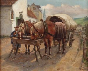 Pferdegespann Bei Der Tranke by Hermann Reisz