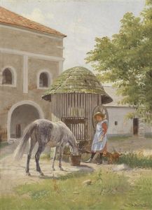 Madchen Mit Pferd Am Brunnen