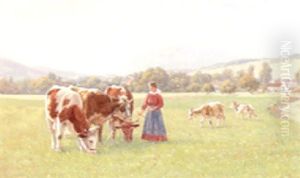 A Summer Meadow With A Cowherd And Cattle
