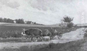 Bauerin Und Kind Mit Ochsenfuhrwerk by Hermann Reisz