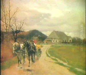 Pferdefuhrwerk Vor Einem Gehoft by Hermann Reisz