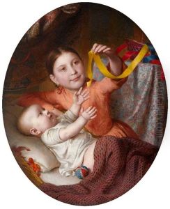 Zwei Kinder Mit Seidenbandern Spielend by Johann Baptist Reiter