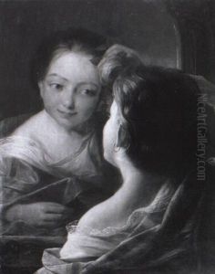 Madchen Vor Dem Spiegel, Sich Eine Rose Ins Haar Steckend by Johann Baptist Reiter