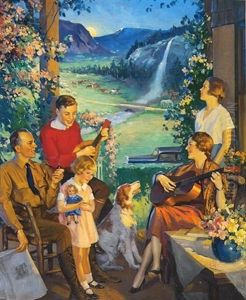 Family Relaxing On Porch by Charles M. Relyea