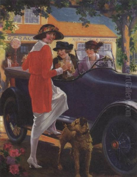 Women And Dog Pausing For Refreshing At Service Station - view 1