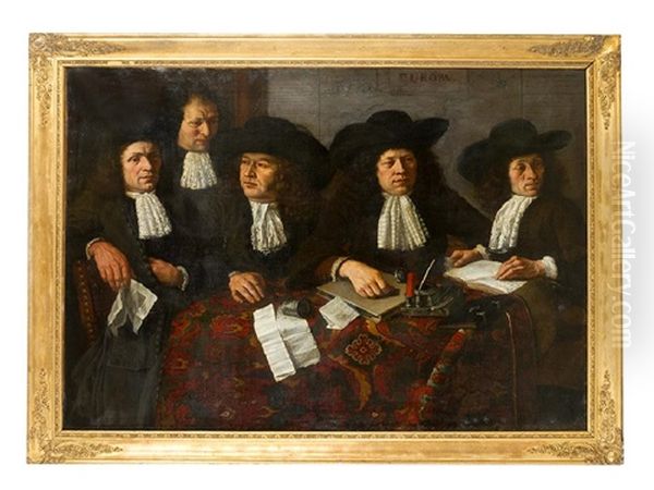 Large Group Portrait Of Five Dutch Merchands Or Members Of A Society With Books, Letters And Ink Set On A Table Covered With An Oriental Carpet In Front Of A Map Of Europe, In The Book And On The Central Letter Possibly Described - view 1
