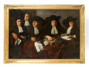 Large Group Portrait Of Five Dutch Merchands Or Members Of A Society With Books, Letters And Ink Set On A Table Covered With An Oriental Carpet In Front Of A Map Of Europe, In The Book And On The Central Letter Possibly Described