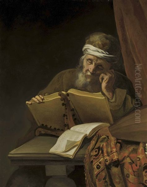 An Old Man Reading At A Table With Sheets Of Music, A Lute And An Oriental Carpet, A Curtain Behind - view 1
