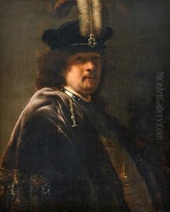 Half Length Figure Of Rembrandt In A Feathered Cap, His Eyes Cast In Shadow.