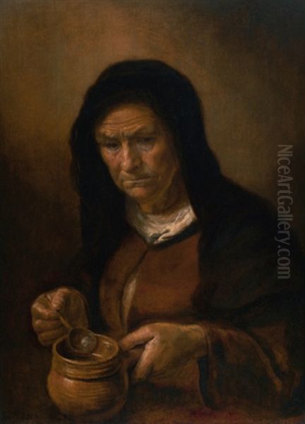 Portrait Of An Old Woman Holding A Soup Bowl - view 1