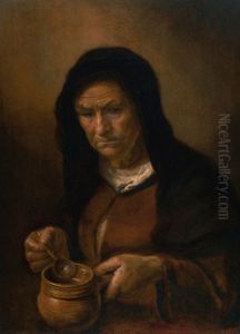 Portrait Of An Old Woman Holding A Soup Bowl by Harmenszoon van Rijn Rembrandt