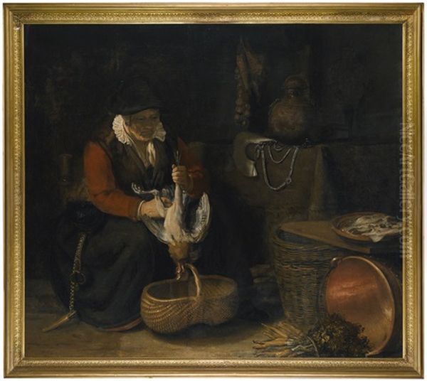 A Kitchen Interior And A Woman Plucking A Chicken With A Copper Pot, Baskets And A Plate Of Fish - view 1