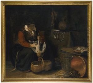A Kitchen Interior And A Woman Plucking A Chicken With A Copper Pot, Baskets And A Plate Of Fish by Harmenszoon van Rijn Rembrandt