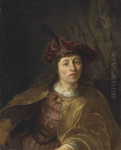 Portrait Of A Young Man, Half-length, In A White Shirt, Golden Mantel And Red Plumed Cap, Before A Draped Curtain