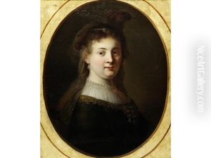 Portrait Of Saskia Van Uylenburgh, Bust-length, In A Black Dress And A Feathered Hat, Within A Painted Oval