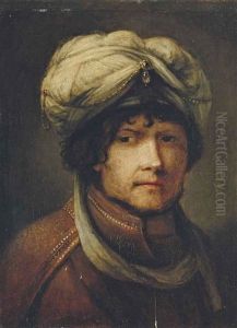 Portrait Of A Gentleman, Bust-length, Wearing A Turban, And A Gold Embroidered Rust Coat by Harmenszoon van Rijn Rembrandt