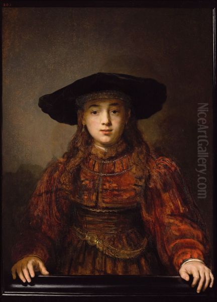 Portrait Of A Young Girl In A Red Dress With Fur Trim, A Buckled Corset And Fur Hat - view 1
