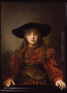 Portrait Of A Young Girl In A Red Dress With Fur Trim, A Buckled Corset And Fur Hat