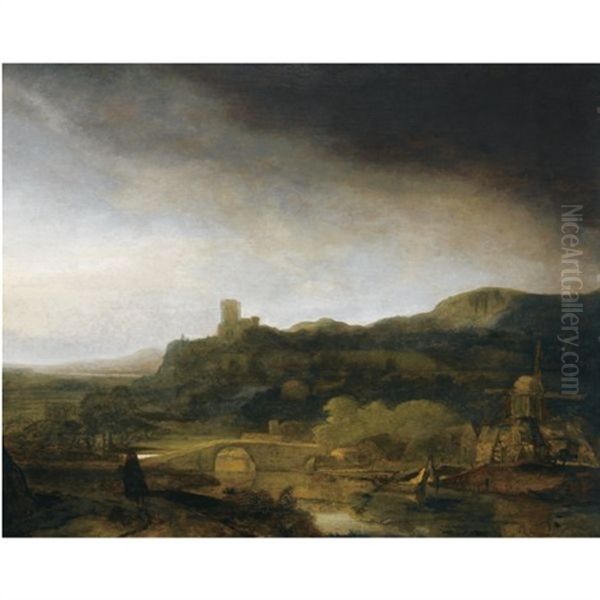 An Extensive River Landscape With A Windmill And A Traveller On Horseback On A Path, Ruins Beyond - view 1