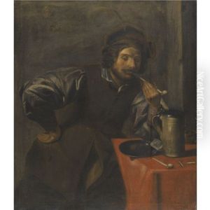 An Interior With A Man Taking Money Out Of A Bag Beside An Elderly Bearded Man In Oriental Dress Seated At A Table, Two Figures Beyond