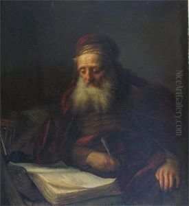 Portrait Of An Old Man Wearing A Red Velvet Coat, Seated Writing