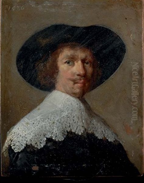 Portrait Of A Gentleman In A Black Coat With Lace Collar And Black Hat - view 1