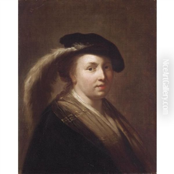 Portrait Of A Young Girl, Head And Shoulders, Wearing A Feathered Cap - view 1