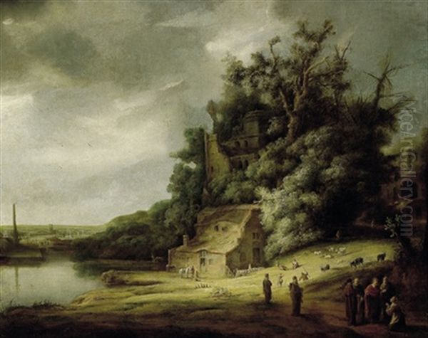 Bewaldete Fluslandschaft Mit Ruinen Und Christus Eine Frau Segnend - view 1