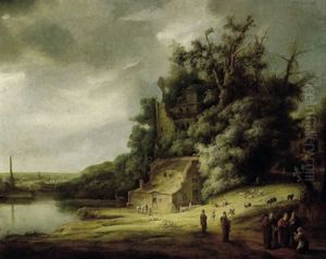 Bewaldete Fluslandschaft Mit Ruinen Und Christus Eine Frau Segnend