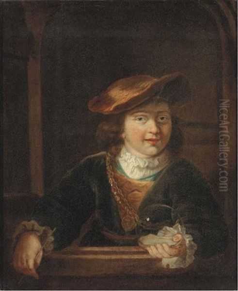 A Boy In A Cap Wearing A Gold Chain Holding A Bubble, At A Casement - view 1