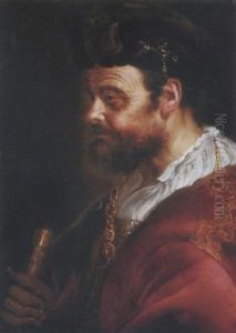 A Gentleman In A Gold-embroidered Red Velvet Gown, A White Chemise, A Golden Chain, A Black Hat And Leather Gloves, A Baton In His Hands