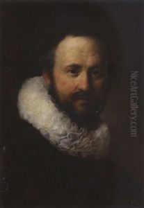 Portrait Of A Man Wearing A Black Coat With A White Ruff by Harmenszoon van Rijn Rembrandt