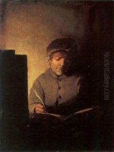A Man In His Study Writing In A Book by Harmenszoon van Rijn Rembrandt