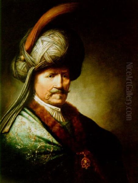 An Old Man Wearing An Embroidered Fur-rimmed Robe And A Feathered Turban - view 1