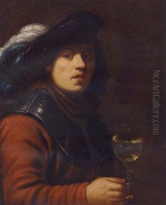 A Young Man In A Red Jacket And A Gorget With A Plumed Maroon Hat, A Roemer In His Right Hand