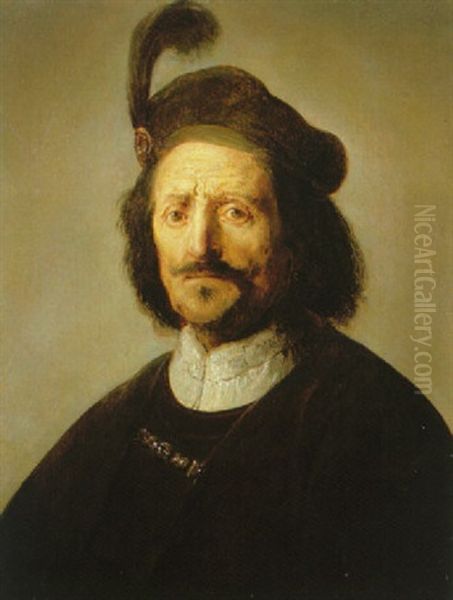 Portrait Of A Man Wearing A Brown Coat And Cap With A Feather - view 1