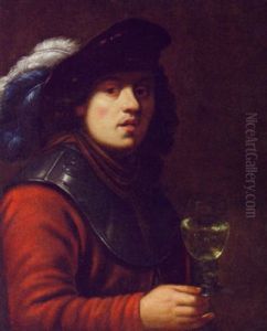 A Young Man, In A Red Jacket And A Gorget With A Maroon Hat With White And Blue Plumes, A Roemer In His Right Hand