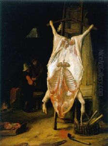 A Slaughtered Pig In A Barn With Men Standing By A Fireplace Beyond